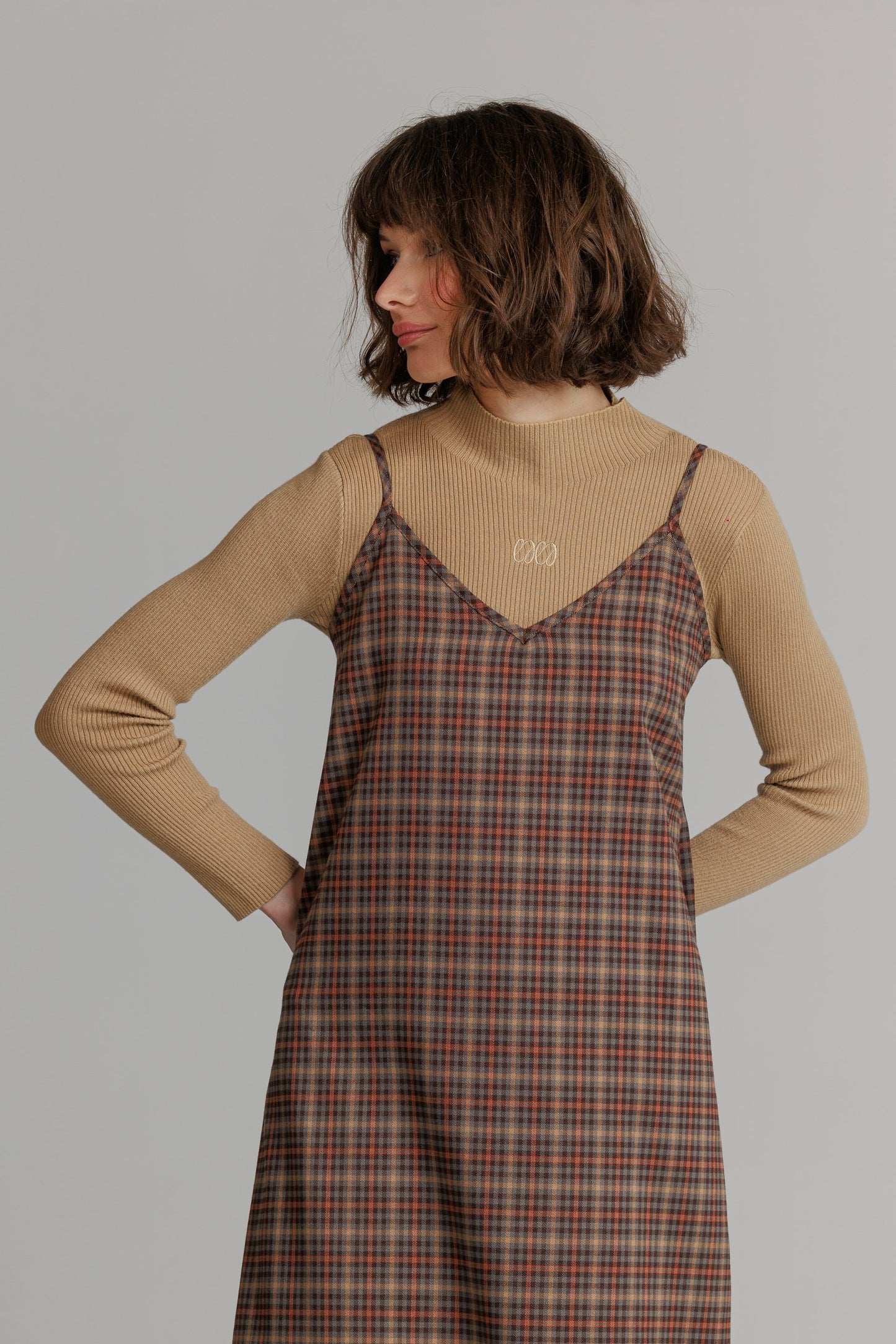 BROWN PLAID SLIP JUMPER