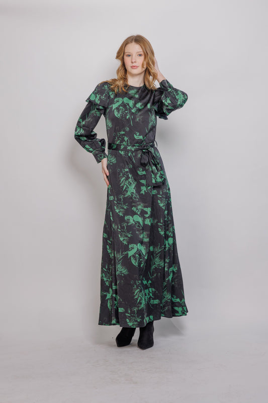 RUFFLE SHOULDER WAISTED MAXI DRESS