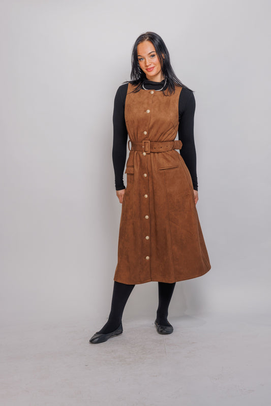 SUEDE BUTTON DOWN JUMPER WITH BELT