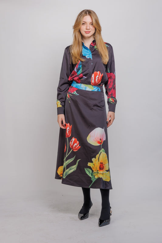 LARGE FLOWER ALINE MIDI SATIN SKIRT