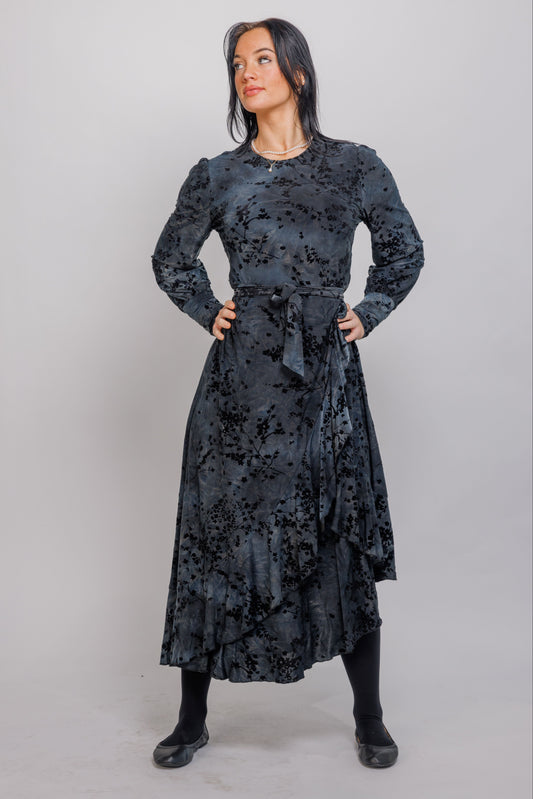 CUT VELVET BELTED DRESS WITH VERTICAL RUFFLE