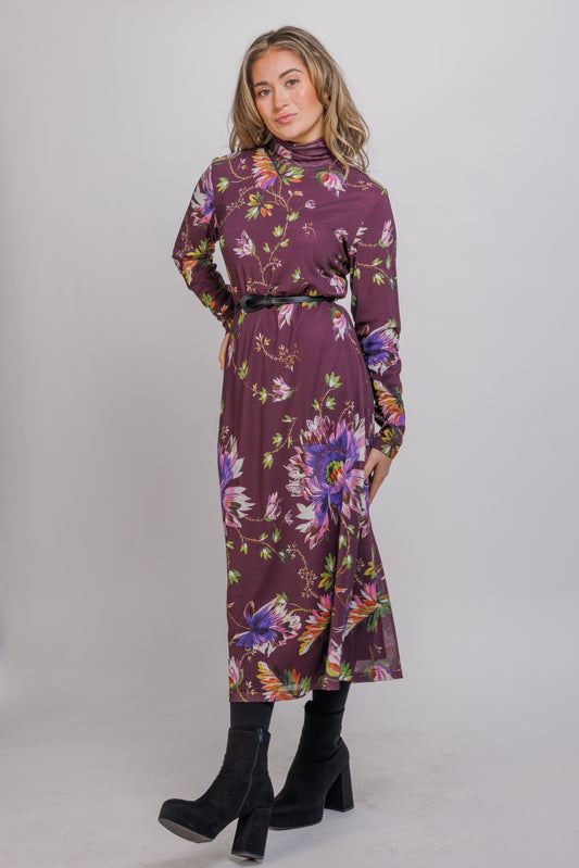 MESH PRINT TURTLENECK DRESS