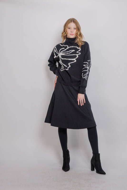 OVERSIZE FLOWER PRINT MOCK NECK SWEATER WITH DROP SHOULDERS