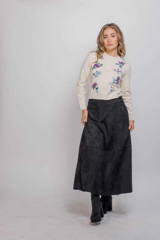 CREWNECK CARDIGAN WITH EMBROIDERED FLOWERS