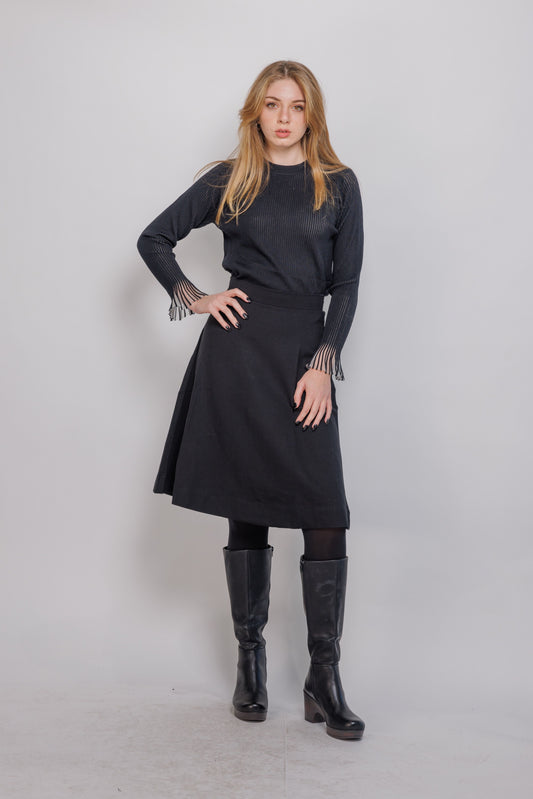 PINSTRIPE SWEATER WITH TULLE RUFFLE EDGE