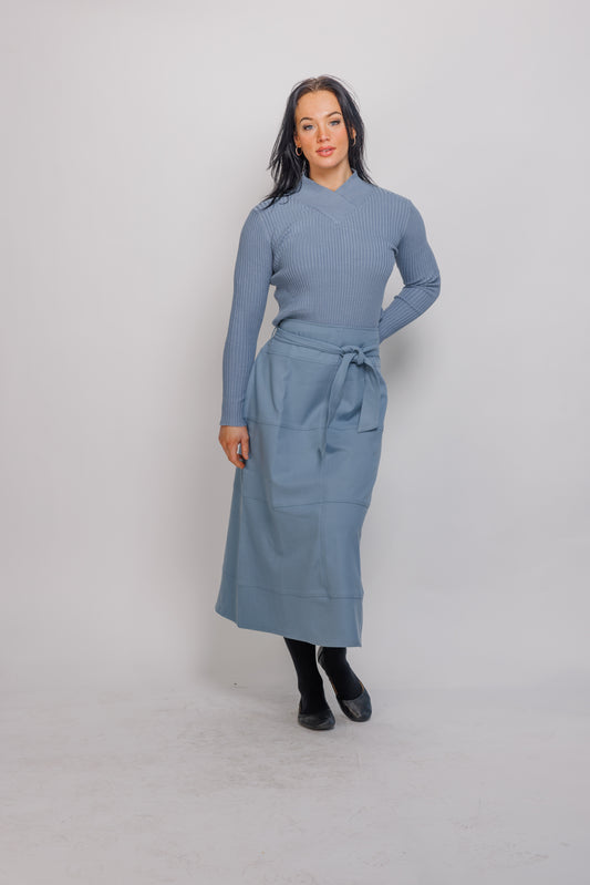 LIGHT BLUE ALINE SKIRT WITH BELT