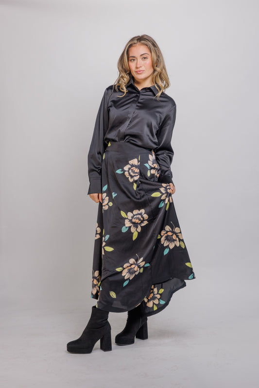 LARGE FLORAL PRINT MAXI SKIRT WITH SINGLE PLEAT