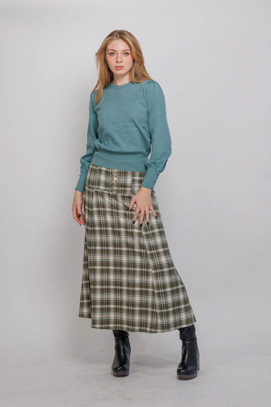 PLAID MIDI SKIRT LACE UP FRONT