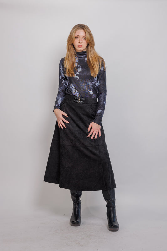SUEDE PANEL SKIRT WITH CENTER DOUBLE BUCKLE