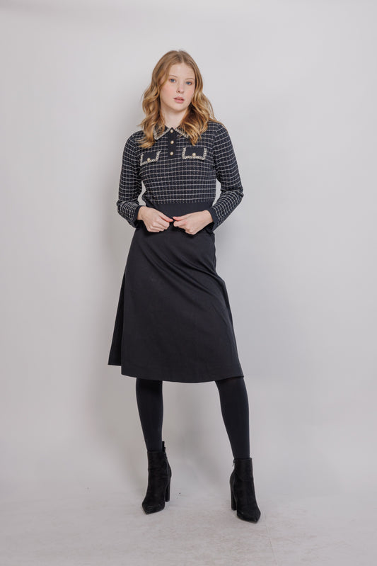 CHANEL STYLE HENLEY PLAID KNIT TOP