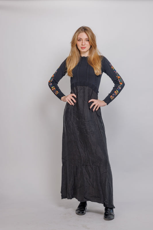 FLORAL SLEEVE SILK KNIT TOP WITH ATTATCHED DRESS