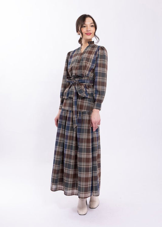 BLUE AND BROWN DROP YOKE PLAID SKIRT