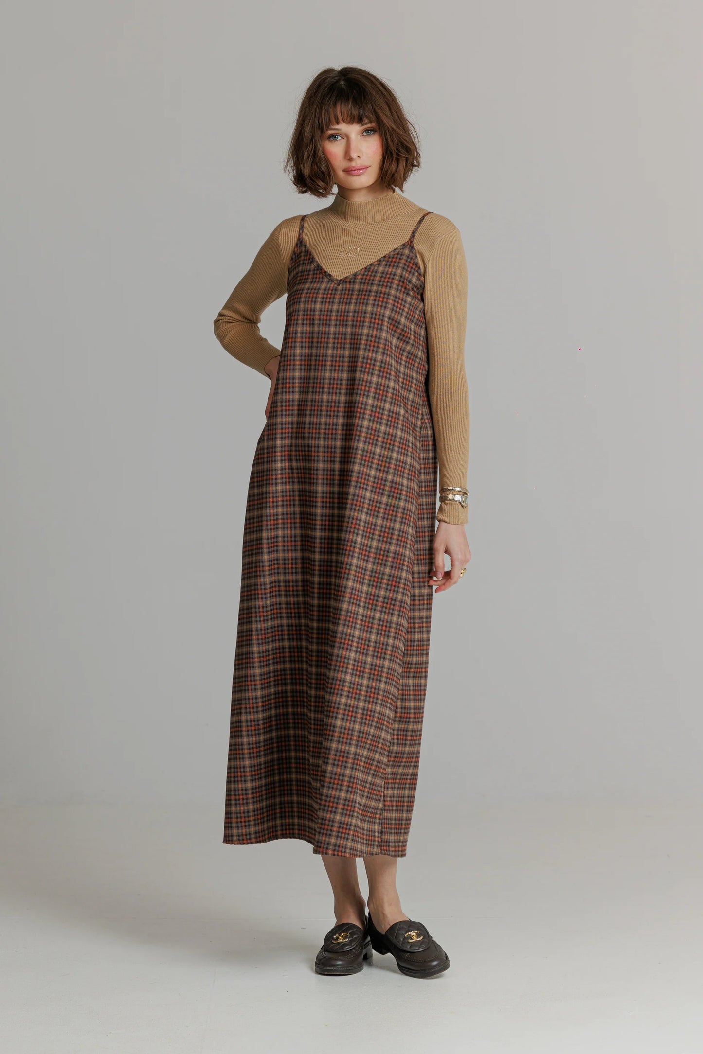 BROWN PLAID SLIP JUMPER