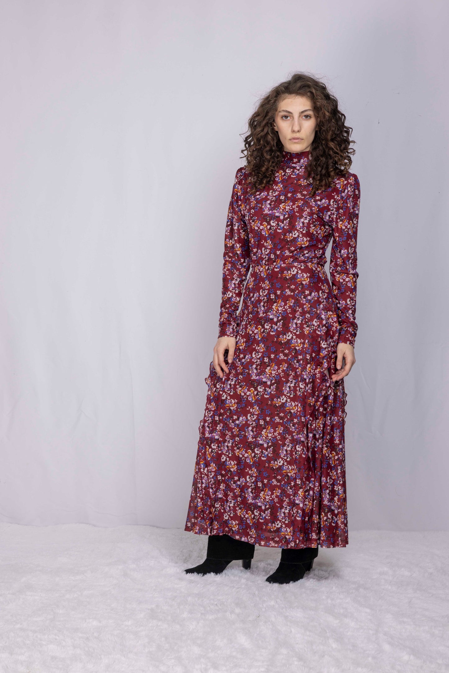 FLORAL MESH PRINT MOCK NECK TOP