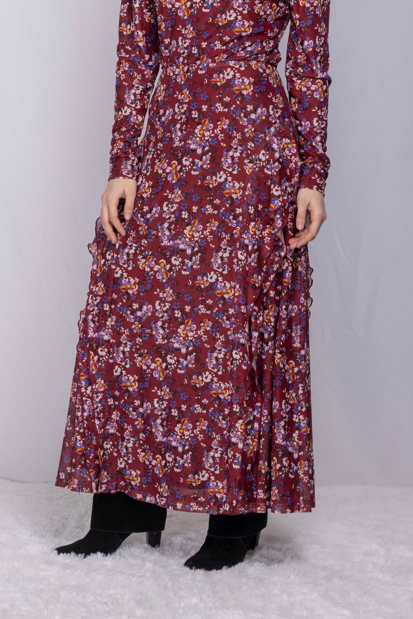 SIDE RUFFLE MESH PRINT SKIRT