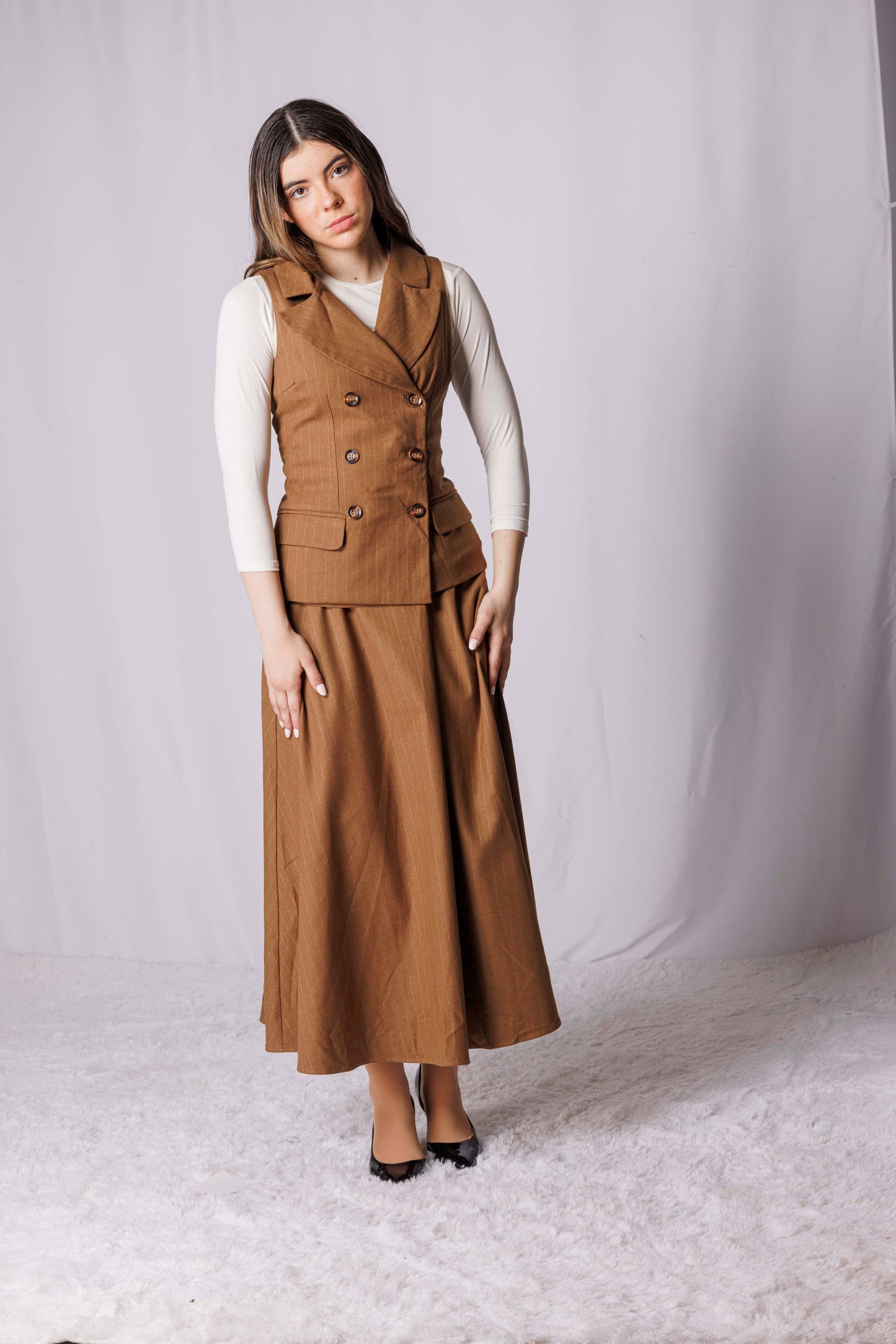 WIDE PINSTRIPE VEST/SKIRT LOOK DRESS