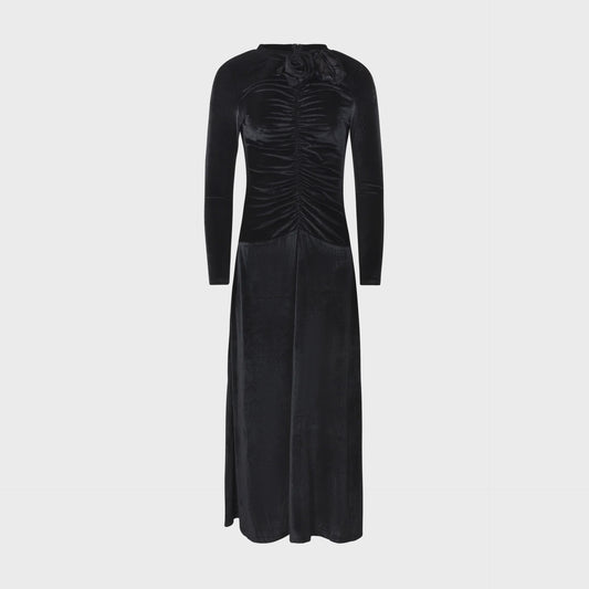 BLACK VELVET ROSETTE DRESS