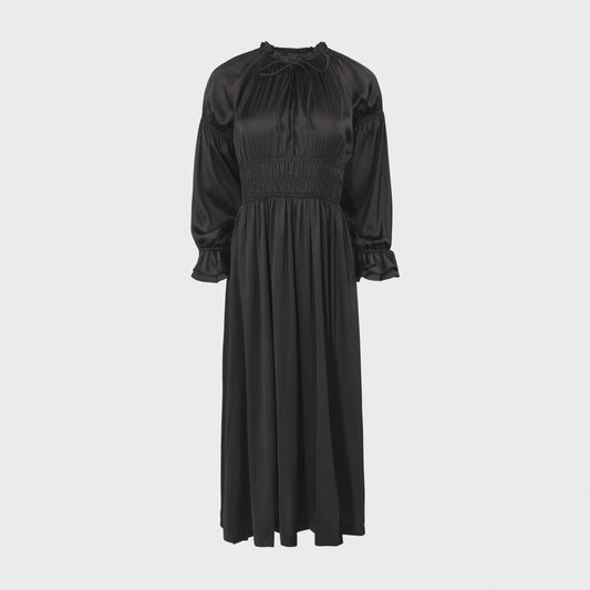 BLACK SATIN SMOCK DRESS