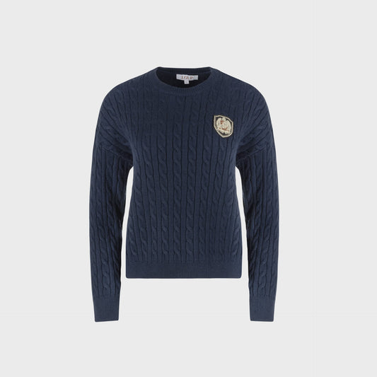 NAVY PATCH CABLE-KNIT SWEATER