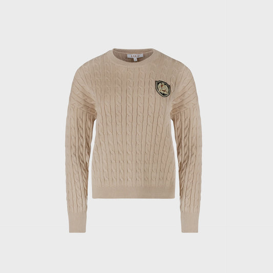 TAN PATCH CABLE KNIT SWEATER