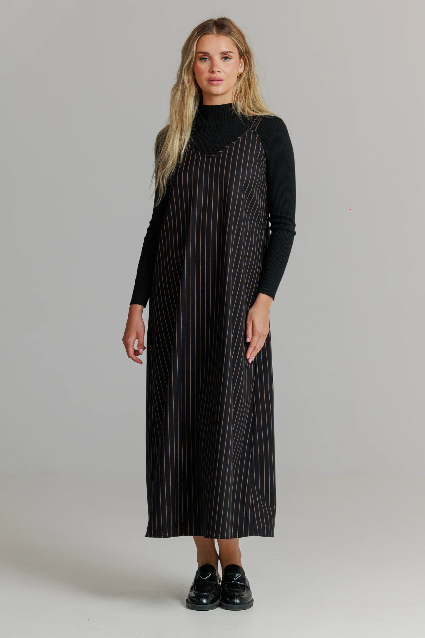 BLACK PINSTRIPE SLIP JUMPER