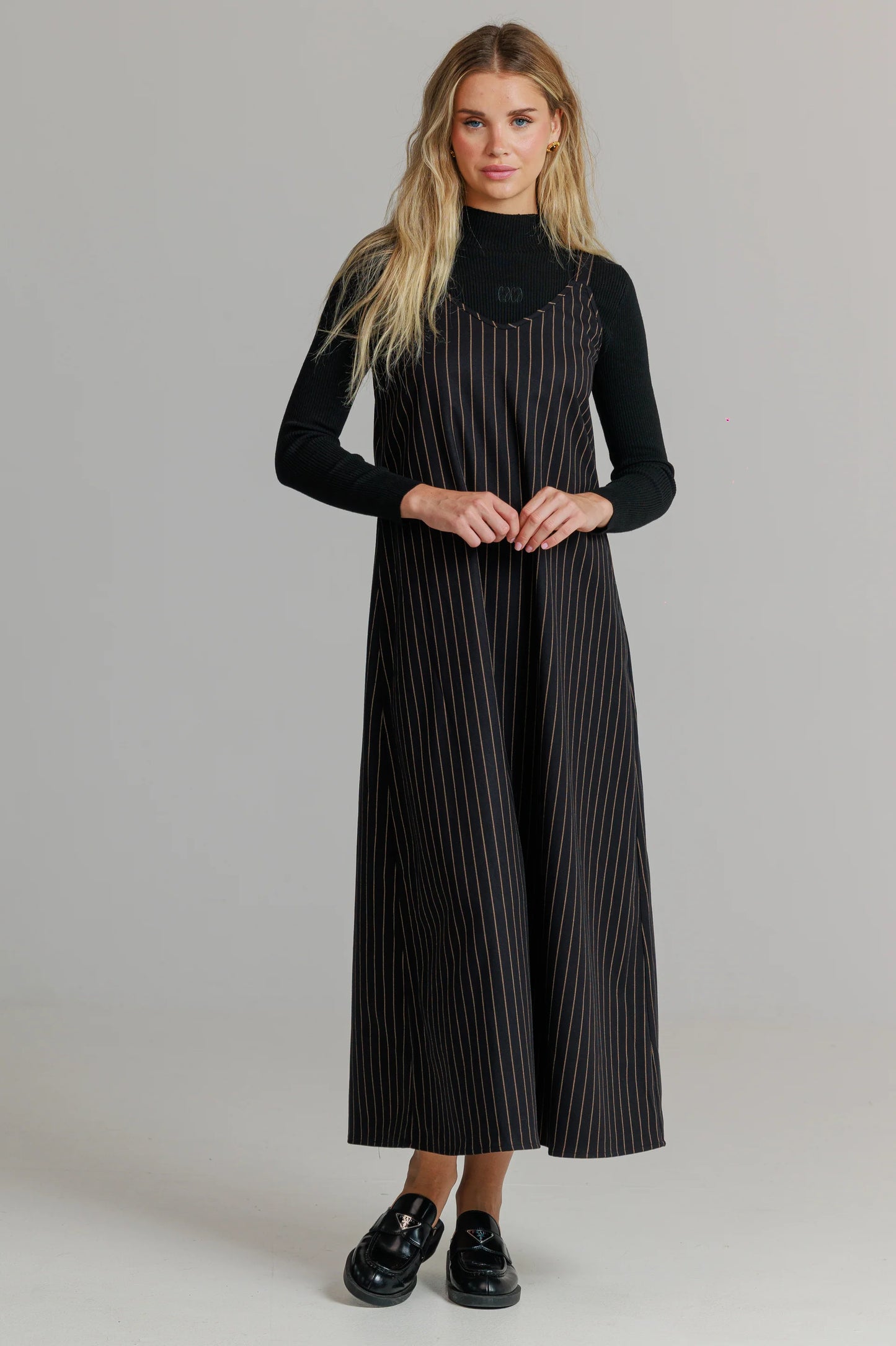 BLACK PINSTRIPE SLIP JUMPER