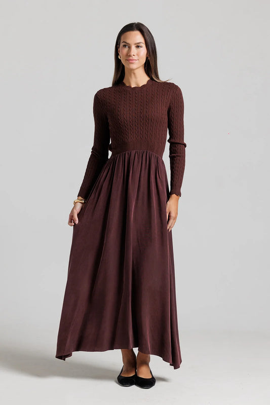 MAROON CABLE KNIT POINTELLE DRESS