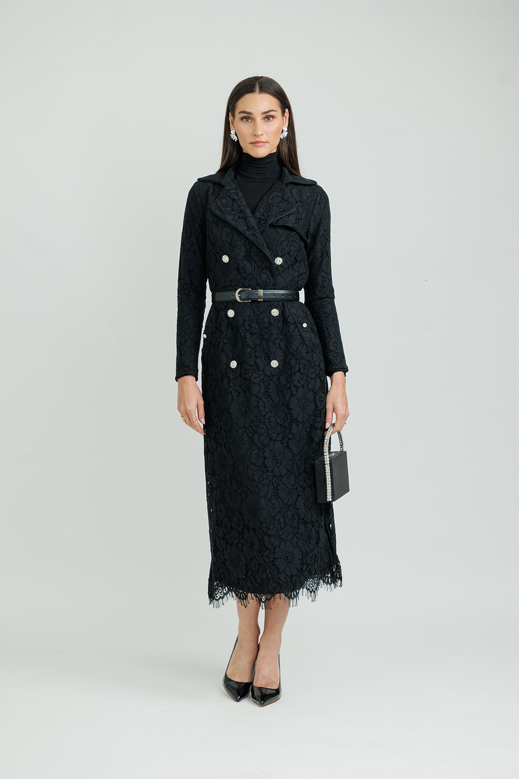 BLACK BELTED LACE BLAZER DRESS