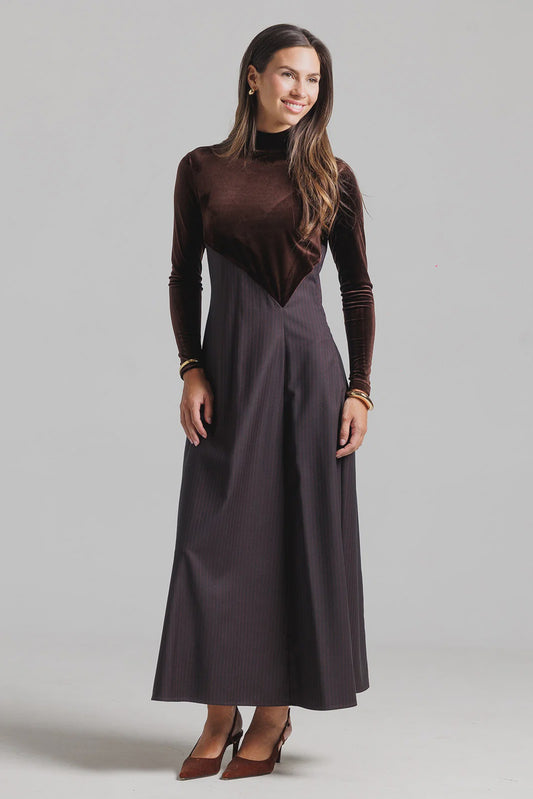 COCOA BROWN VELVET PINSTRIPE DRESS