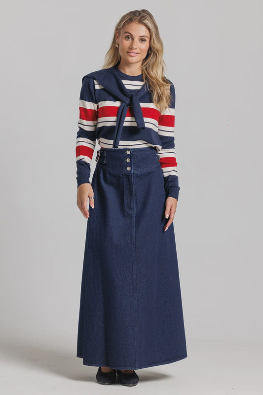 NAVY AND RED STRIPED SHRUG SWEATER