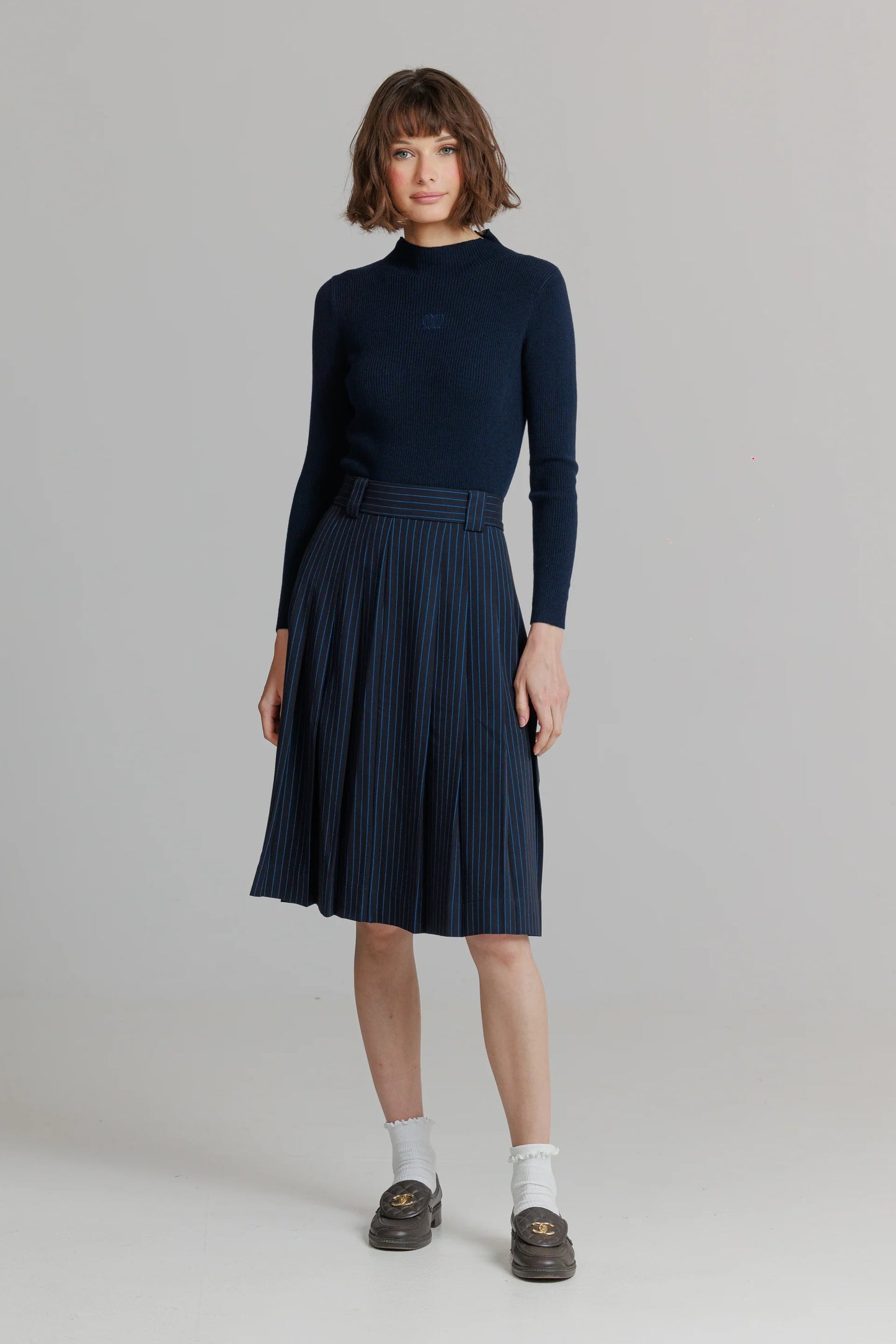 NAVY PINSTRIPE SKIRT