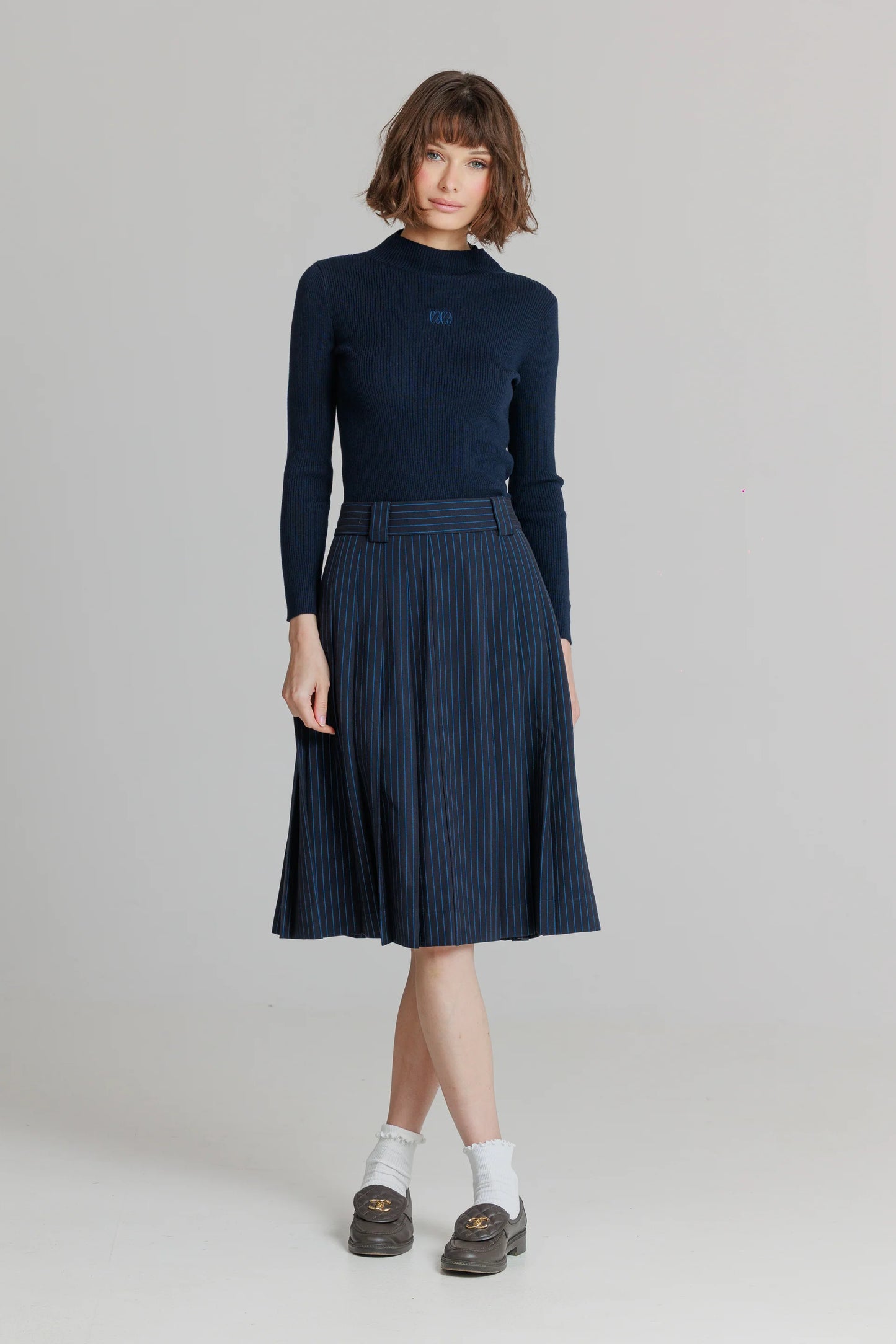 NAVY PINSTRIPE SKIRT