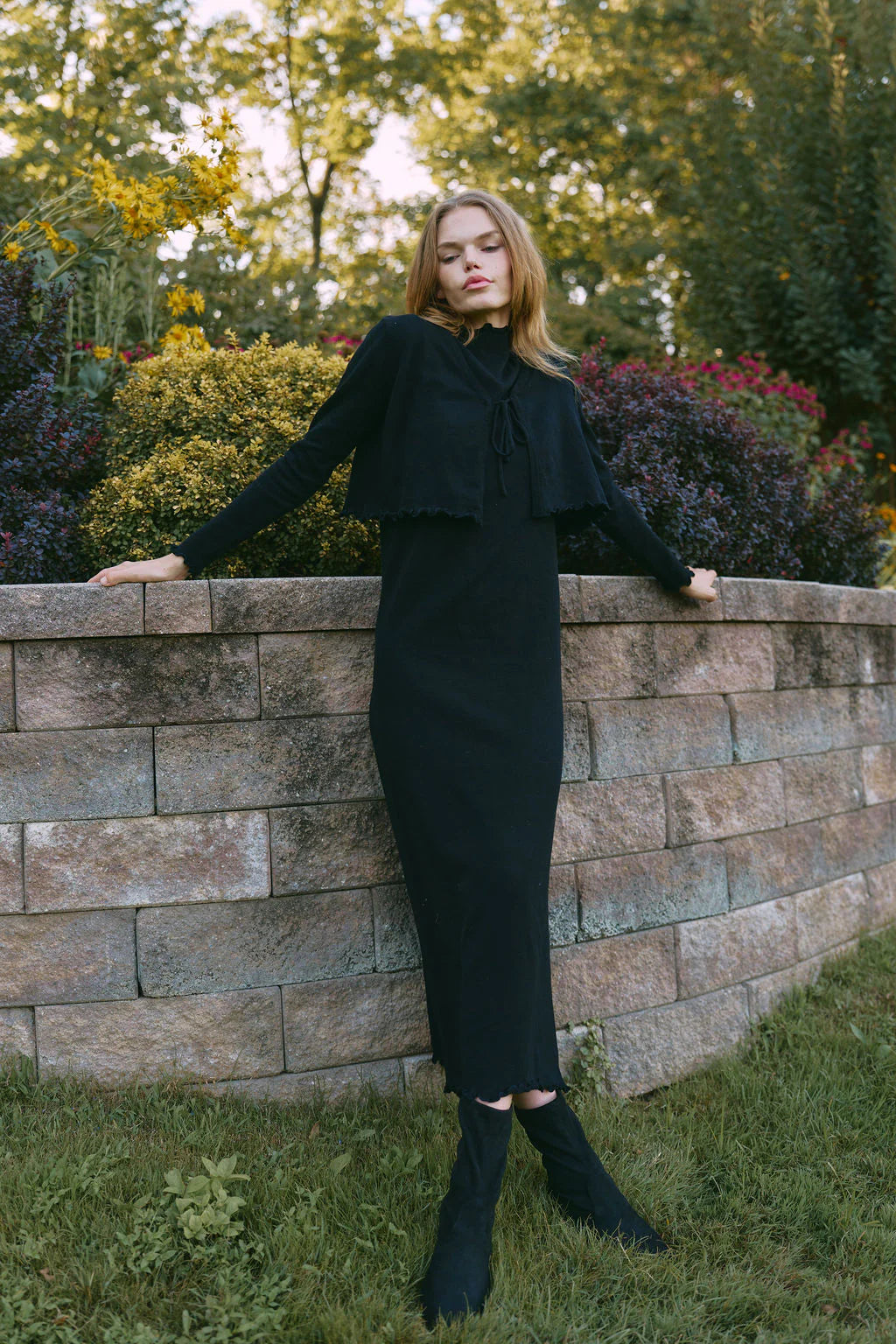 BLACK KNIT CARDIGAN WITH MATCHING SLEEVELESS DRESS