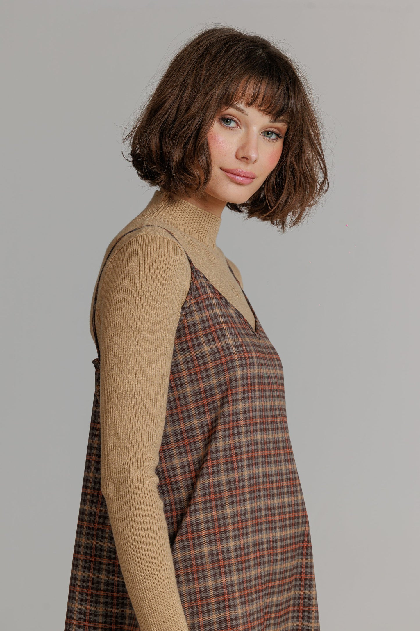 BROWN PLAID SLIP JUMPER