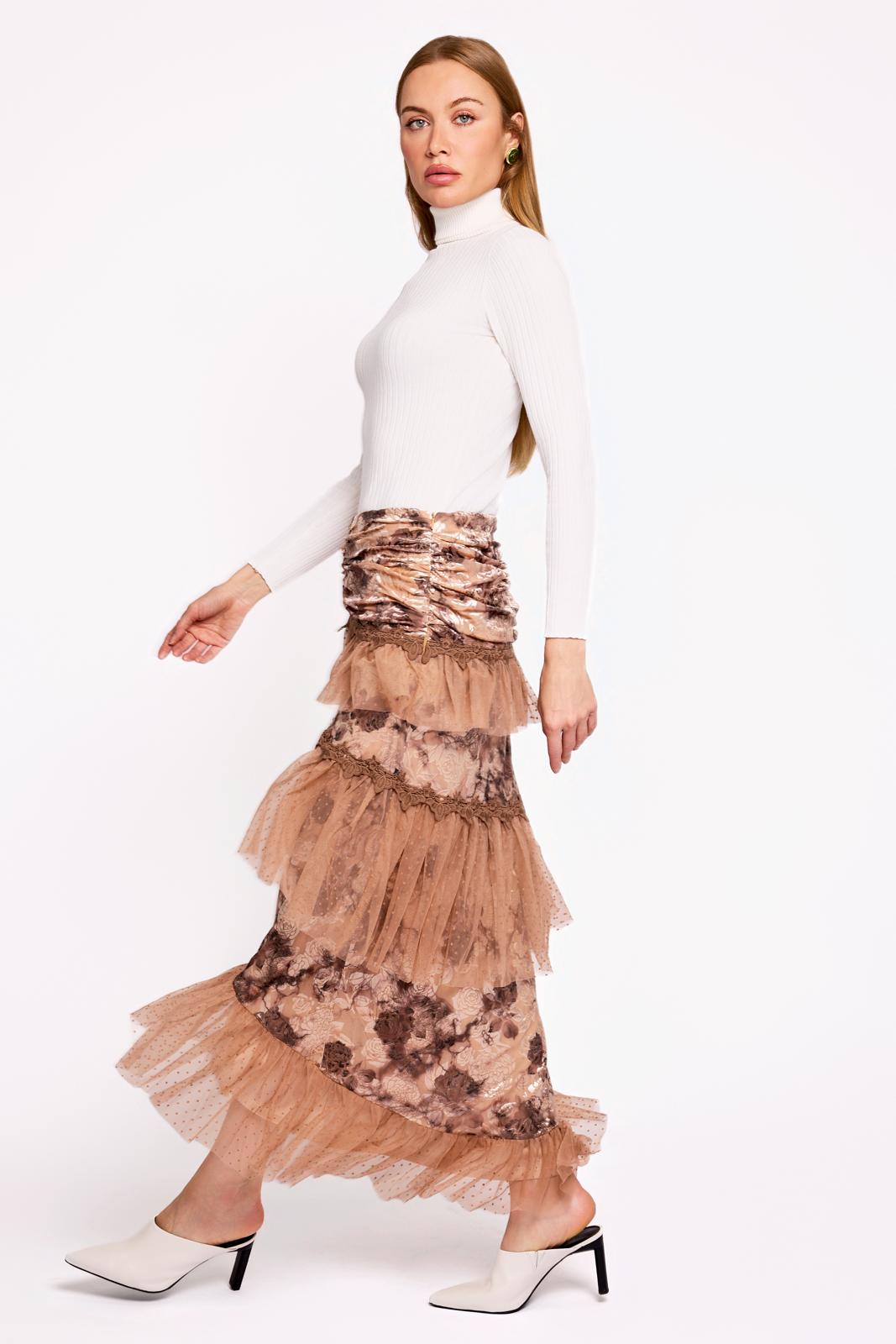 BROWN RUFFLE PRINTED SKIRT