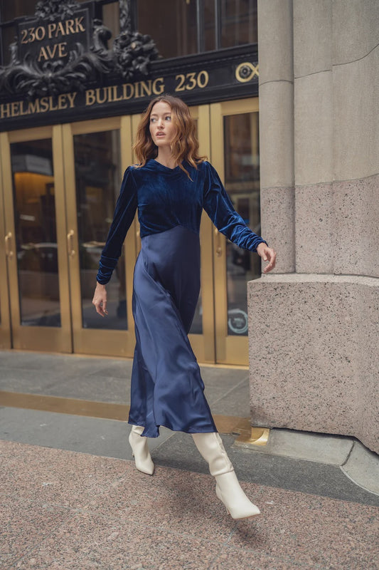 NAVY SILK DRESS WITH VELVET TOP