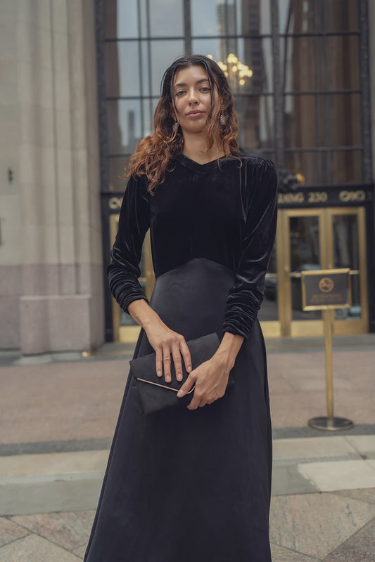 BLACK SILK DRESS WITH VELVET TOP