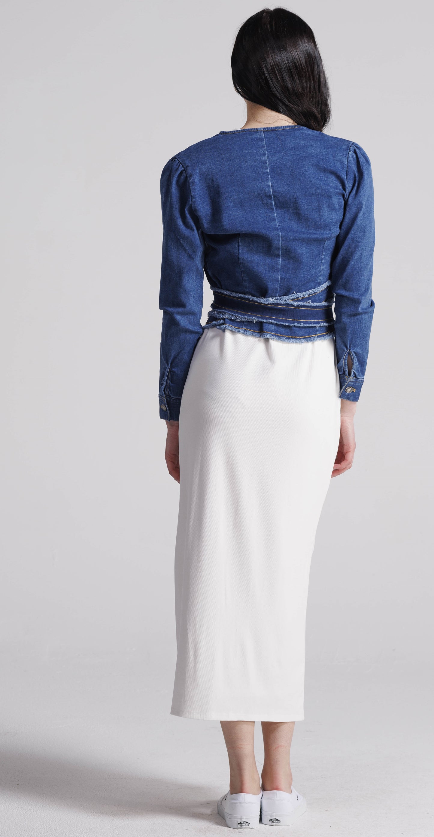 BUTTON SLEEVE DENIM WRAP AVAILABLE IN BLACK OR BLUE