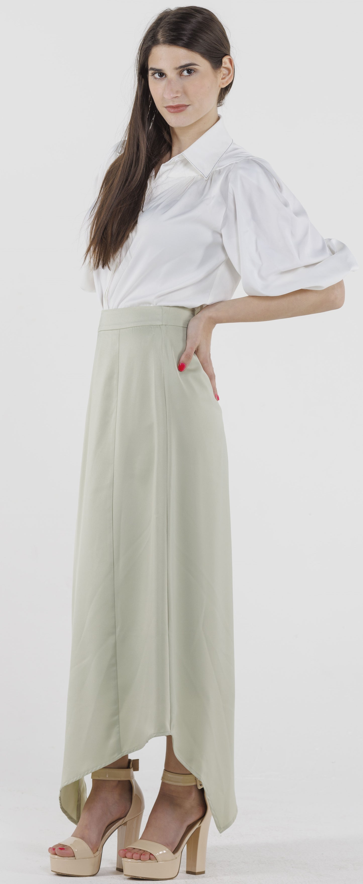 SAGE MIDI SLIP SKIRT WITH ASYMMETRICAL HEM