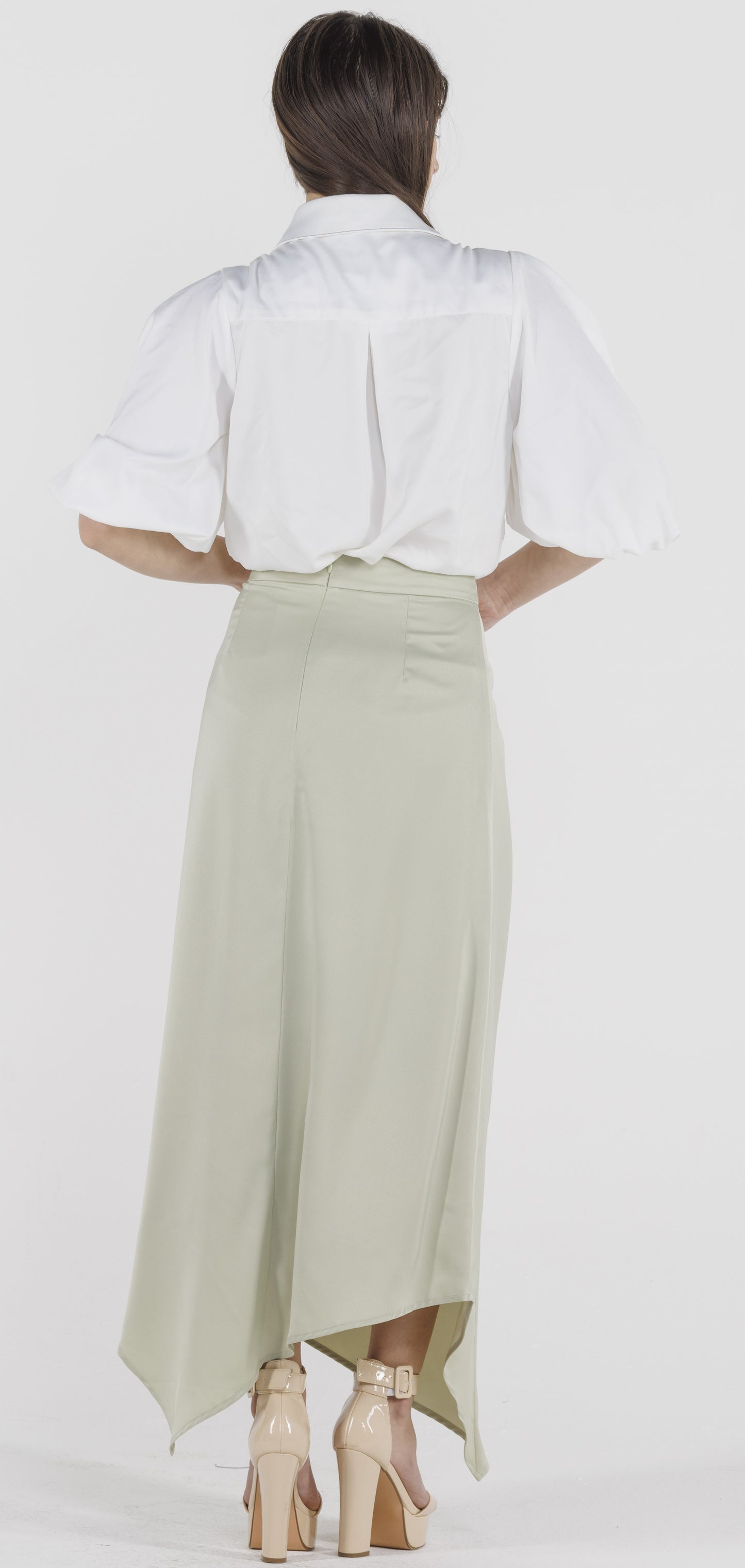 SAGE MIDI SLIP SKIRT WITH ASYMMETRICAL HEM