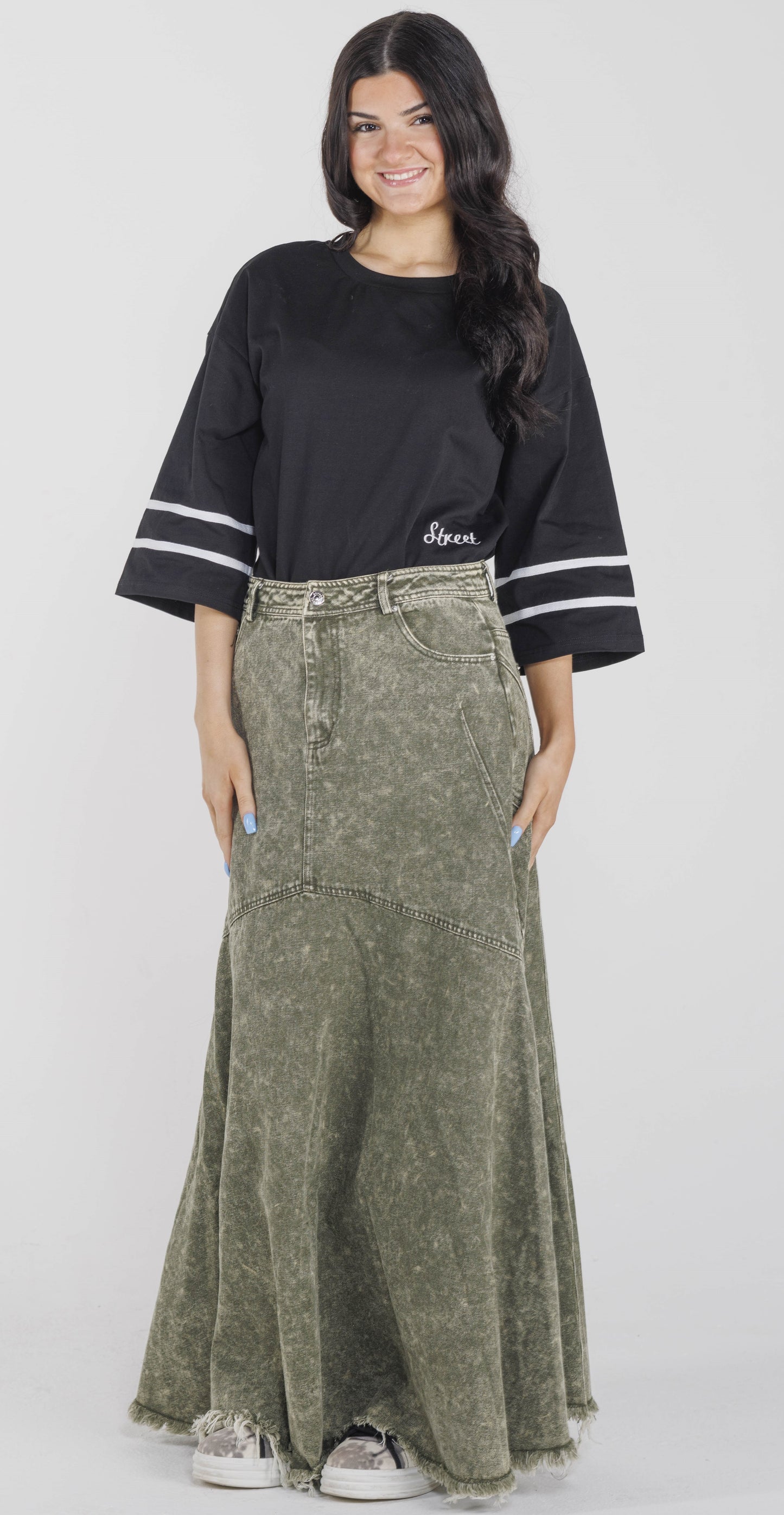GREEN DENIM MAXI LENGTH SKIRT