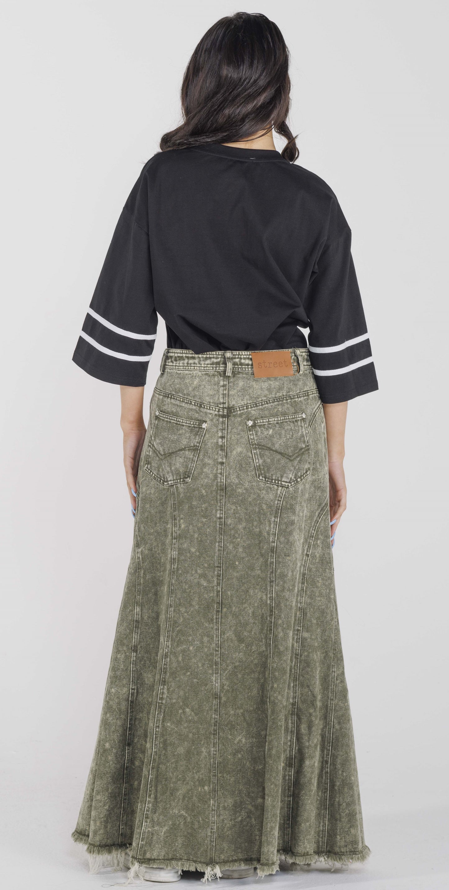 GREEN DENIM MAXI LENGTH SKIRT