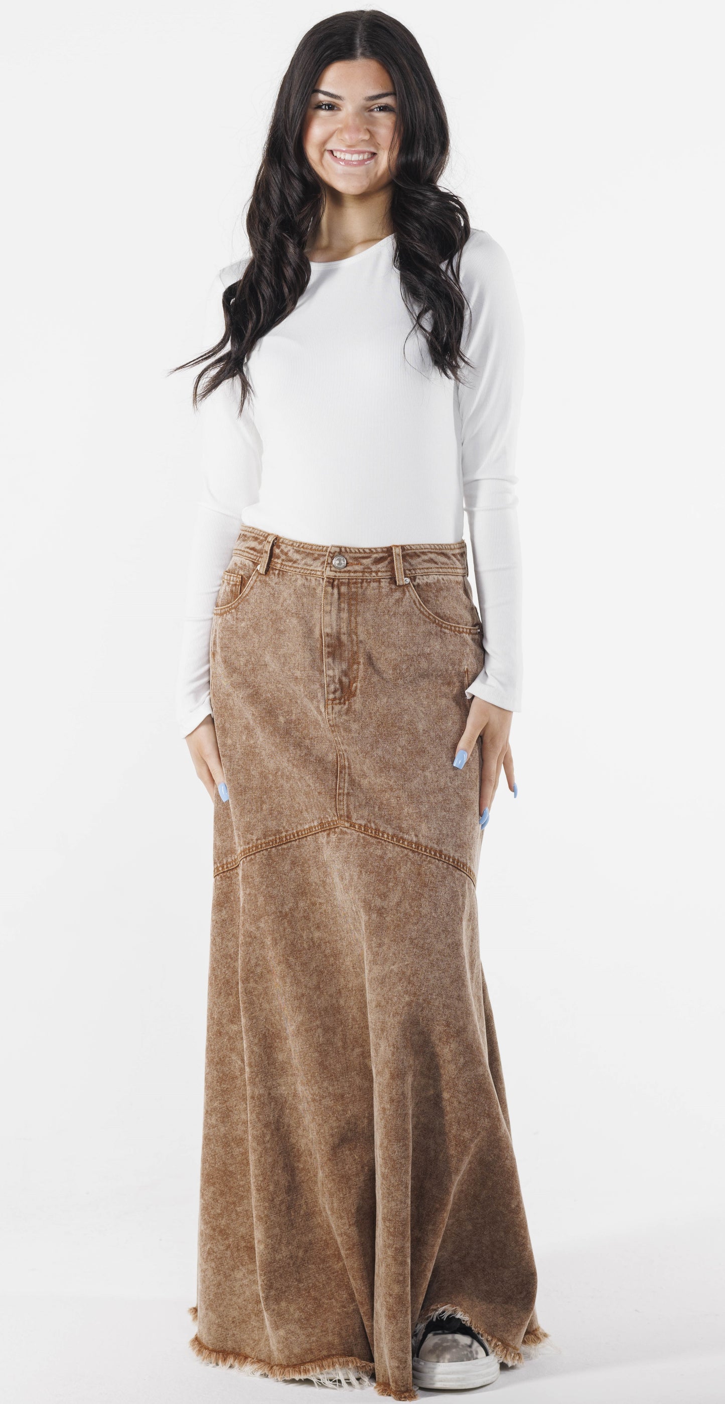 BROWN DENIM MAXI LENGTH SKIRT
