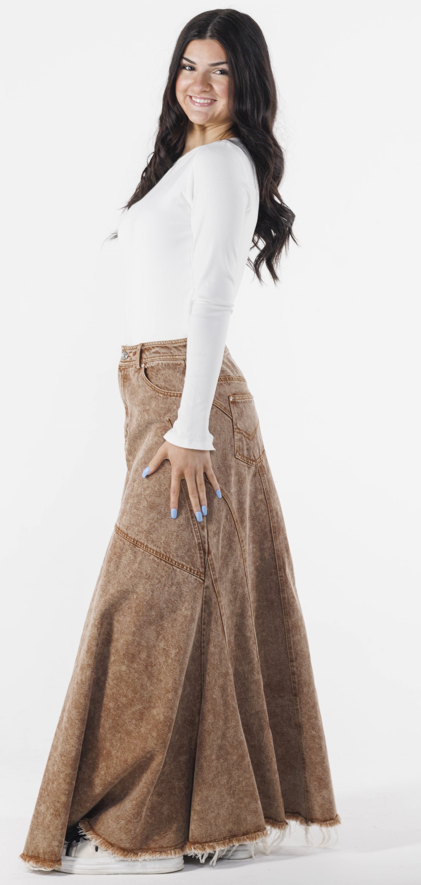BROWN DENIM MAXI LENGTH SKIRT