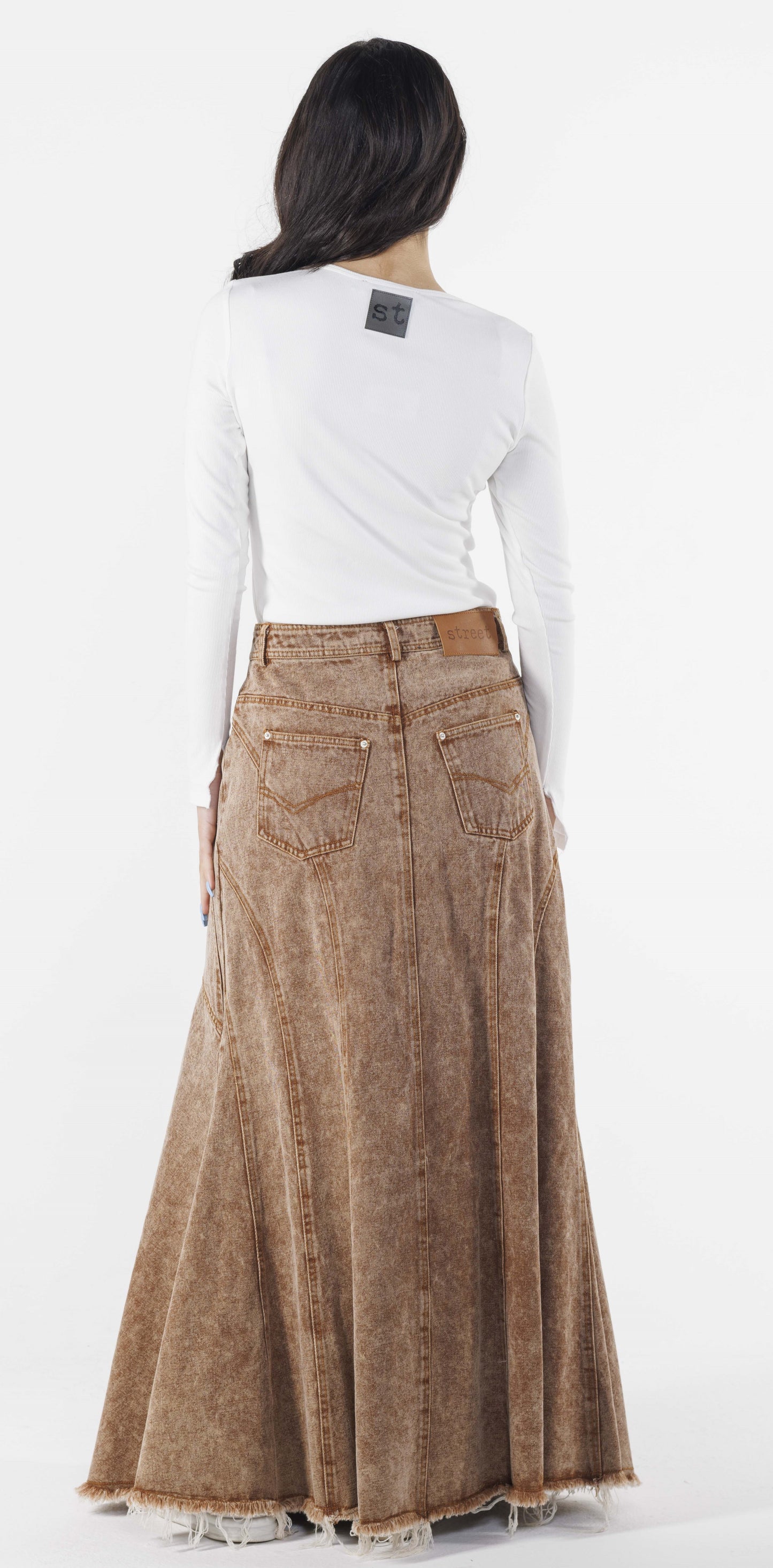 BROWN DENIM MAXI LENGTH SKIRT