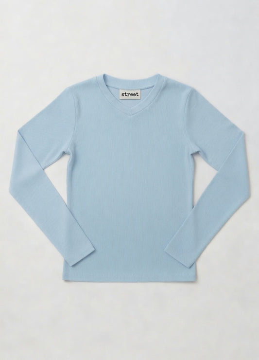 MICRORIBBED V-NECK LONG SLEEVES - BABY BLUE