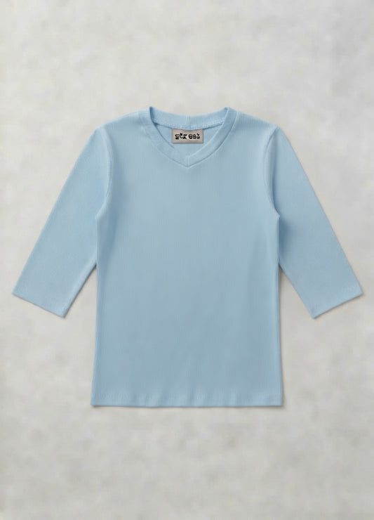 MICRORIBBED V-NECK 3/4 SLEEVES - BABY BLUE