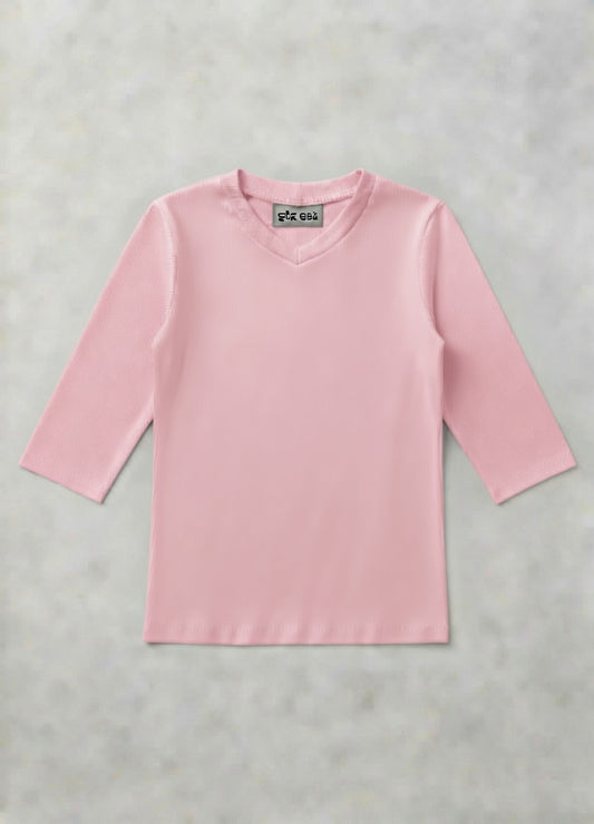 MICRORIBBED V-NECK 3/4 SLEEVES - BABY PINK