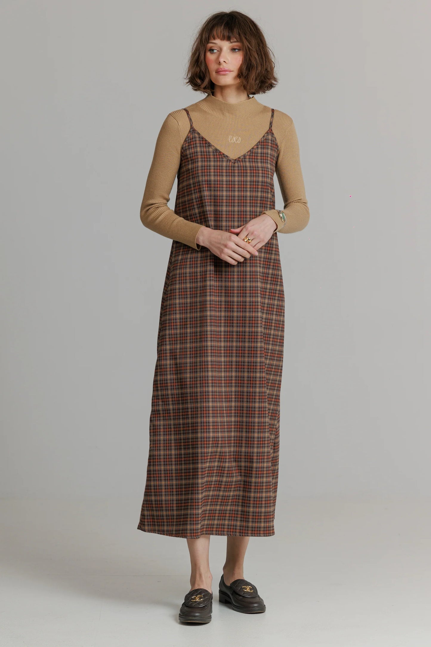 BROWN PLAID SLIP JUMPER