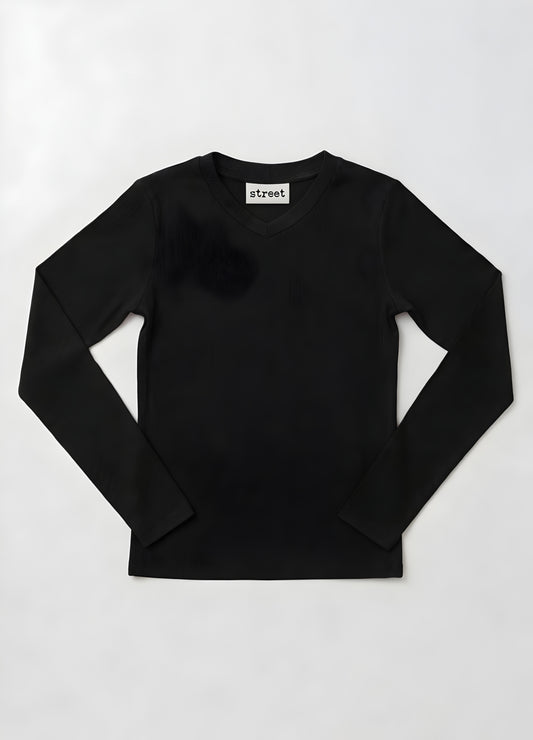 MICRORIBBED V-NECK LONG SLEEVES - BLACK